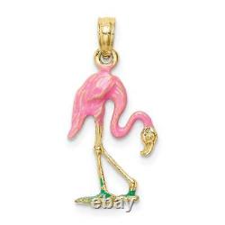 10K Gold 3D Enameled Pink Flamingo Pendant 0.5 x 1 in