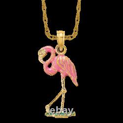 10K Yellow Gold Pink Flamingo Necklace Tropical Bird Pendant Summer Beach Charm