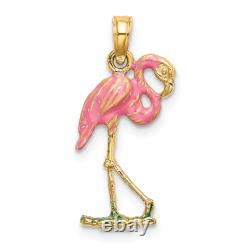 10K Yellow Gold Pink Flamingo Necklace Tropical Bird Pendant Summer Beach Charm