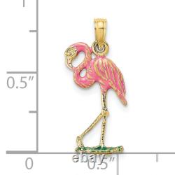 10K Yellow Gold Pink Flamingo Necklace Tropical Bird Pendant Summer Beach Charm