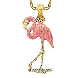 10K Yellow Gold Pink Flamingo Tropical Summer Bird Necklace Pendant Charm