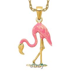 10K Yellow Gold Pink Flamingo Tropical Summer Bird Necklace Pendant Charm