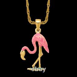 10K Yellow Gold Pink Flamingo Tropical Summer Bird Necklace Pendant Charm