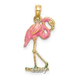 14K Gold 3D Pink Enamel Flamingo Charm 0.5 x 0.9 in