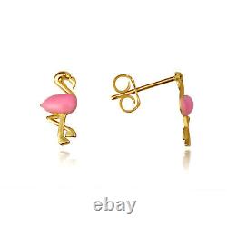 14K Solid Yellow Gold Pink Flamingo Tropical Bird Enamel Stud Earrings