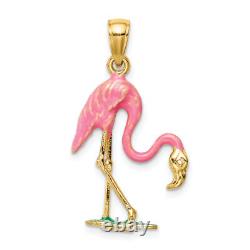 14K Yellow Gold Pink Flamingo Necklace Charm Pendant