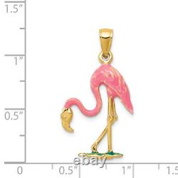 14K Yellow Gold Pink Flamingo Necklace Charm Pendant