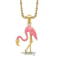 14K Yellow Gold Pink Flamingo Necklace Tropical Bird Pendant Summer Beach Charm