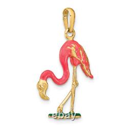 14K Yellow Gold Pink Flamingo Necklace Tropical Bird Pendant Summer Beach Charm