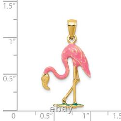 14K Yellow Gold Pink Flamingo Necklace Tropical Bird Pendant Summer Beach Charm