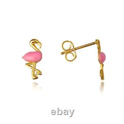 14K Yellow Gold Pink Flamingo Tropical Bird Enamel Stud Earrings