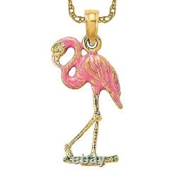 14K Yellow Gold Pink Flamingo Tropical Summer Bird Necklace Pendant Charm