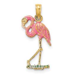 14K Yellow Gold Pink Flamingo Tropical Summer Bird Necklace Pendant Charm