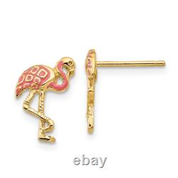 14K Yellow Gold Pink Flamingo Tropical Summer Bird Stud Earrings