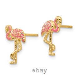 14K Yellow Gold Pink Flamingo Tropical Summer Bird Stud Earrings