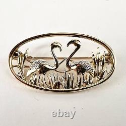 14k Yellow Gold Flamingo Bird Diamond Broach Pin 1 1/2'