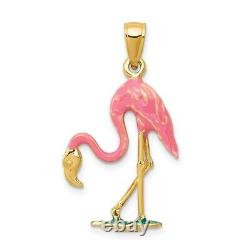 14k Yellow Gold Pink Flamingo Necklace Pendant Charm Bird Fine Jewelry Women