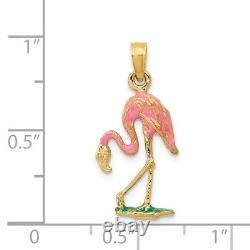14k Yellow Gold Polished Solid Pink Enameled Flamingo Charm Pendant