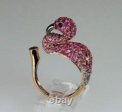 18k ROSE GOLD DIAMOND RUBY PINK SAPPHIRE STATEMENT FLAMINGO BIRD ANIMAL RING