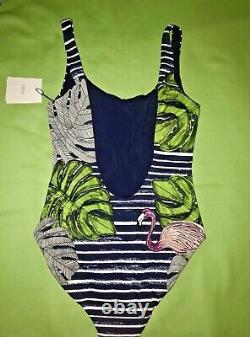 $195 NWT ONIA Kelly XL Pink Flamingo tripe SWIMSUIT One Piece Maillot Navy