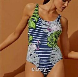 $195 NWT ONIA Kelly XL Pink Flamingo tripe SWIMSUIT One Piece Maillot Navy