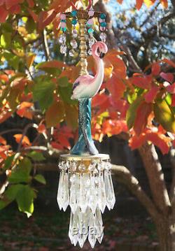 1 Pink Flamingo Bird Swag Lamp Chandelier Glass Crystal brass porcelain Tropical