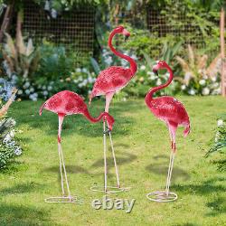 2Pcs/3Pcs Metal Pink Flamingo Yard Outdoor Lawn Garden Decor Art Ornament Statue