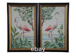 2 Vintage Pink Flamingo Bird Embroidered Needlepoint Tapestry 13