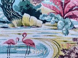 30's Miami Beach ART DECO Seafoam Green PINK FLAMINGOS Barkcloth Vintage Fabric