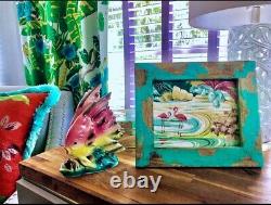 30's Miami Beach ART DECO Seafoam Green PINK FLAMINGOS Barkcloth Vintage Fabric