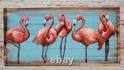 3D Contemporary painting of a pink flamingos standing on a beach with the ocean
