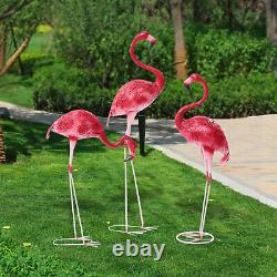 3PC Pink Metal Flamingo Garden Statues Bird Garden Outdoor Stake Yard Art Statue