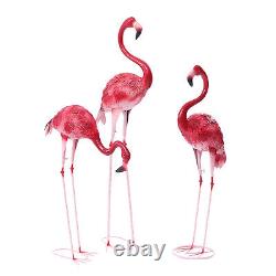 3PC Pink Metal Flamingo Garden Statues Bird Garden Outdoor Stake Yard Art Statue