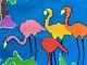3yds 70's Poppin Flamingo Life On Sky Blue Barkcloth Era Novelty Vintage Fabric
