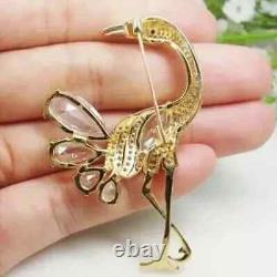 3.00 Ct Pear Cut Real Moissanite Flamingo Bird Brooch Pin 14K Yellow Gold Plated