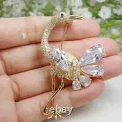 3.00 Ct Pear Cut Real Moissanite Flamingo Bird Brooch Pin 14K Yellow Gold Plated