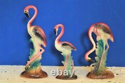 3 Vintage PORCELAIN Ceramic PINK FLAMINGOS Mid Century Modern Bright Shiny EX+
