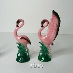 4 Vintage 50s Mid Century Pink Flamingo Ceramic Figurines Standing Flying