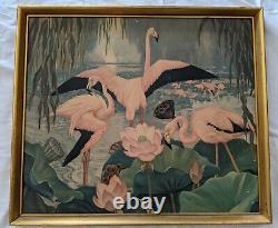 50's Jessie Arms Botke Lithograph Print On Board Framed Pink Flamingos