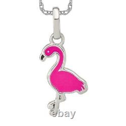 925 Sterling Silver Hot Pink Black Flamingo Necklace Charm Pendant