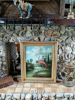 Antique Style Oil Painting Portrait Pink Flamingo Bird in a Landscape Signed O/C
