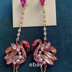Betsey Johnson Gold Tone Pink Flamingo Crystal & Faux Pearl Drop Earrings NWT