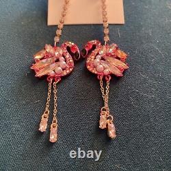 Betsey Johnson Gold Tone Pink Flamingo Crystal & Faux Pearl Drop Earrings NWT
