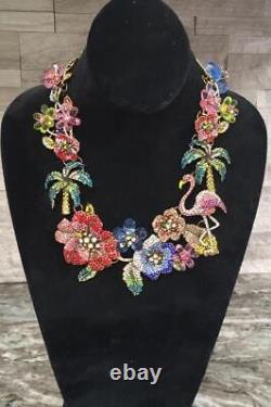 Botanic Garden Flower Hawaiian Flamingo Palm Tree Rhinestone Statement Necklace