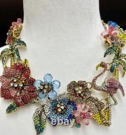 Botanic Garden Flower Hawaiian Flamingo Palm Tree Rhinestone Statement Necklace