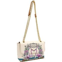 Braccialini beige small crossbody bag purse with flowers & pink flamingos