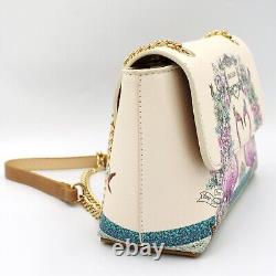 Braccialini beige small crossbody bag purse with flowers & pink flamingos