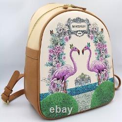 Braccialini designer women's beige backpack with flowers & pink flamingos M