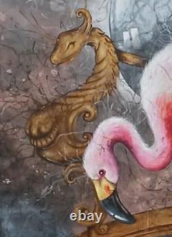 Contemporary art figurative painting animal bird pink flamingo scorpion seascape