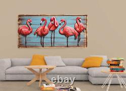 Contemporary painting of a pink flamingos standing on a beach with the ocean Art